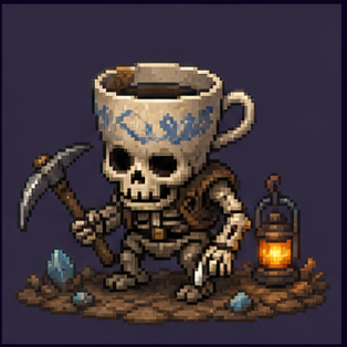 Skeleton miner in teacup helmet